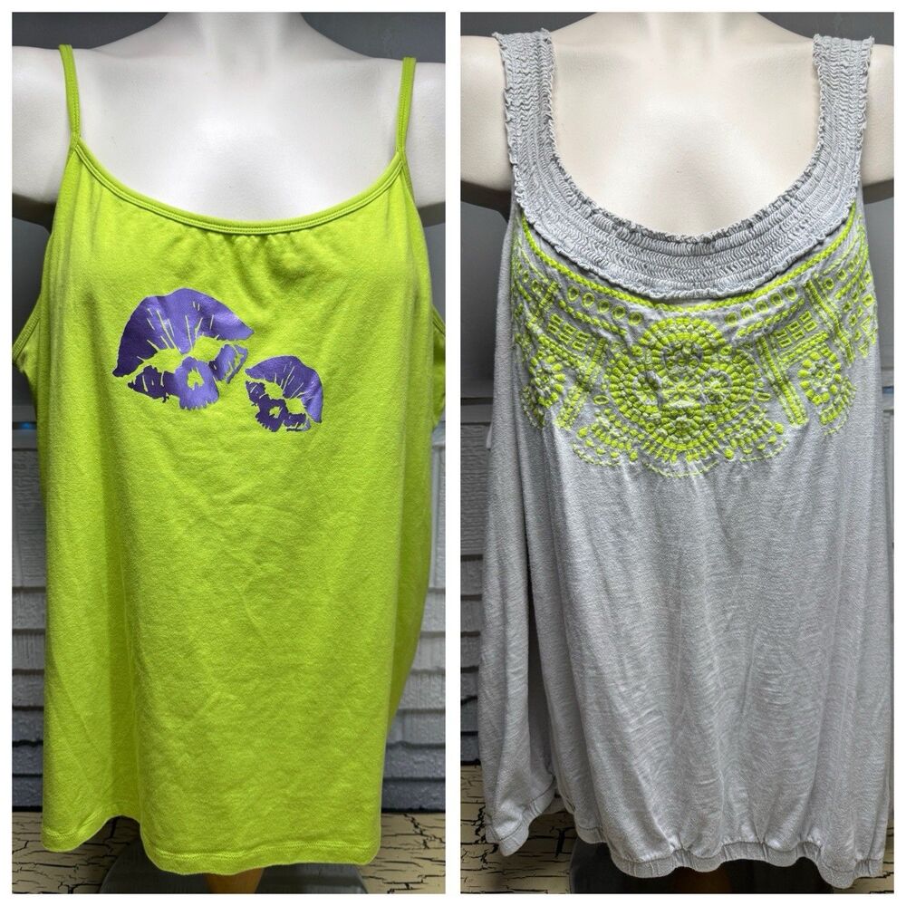 2 Lane Bryant Tank Top Shirt Top Lot Gray Knit Neon Green Womens 22/24 26/28